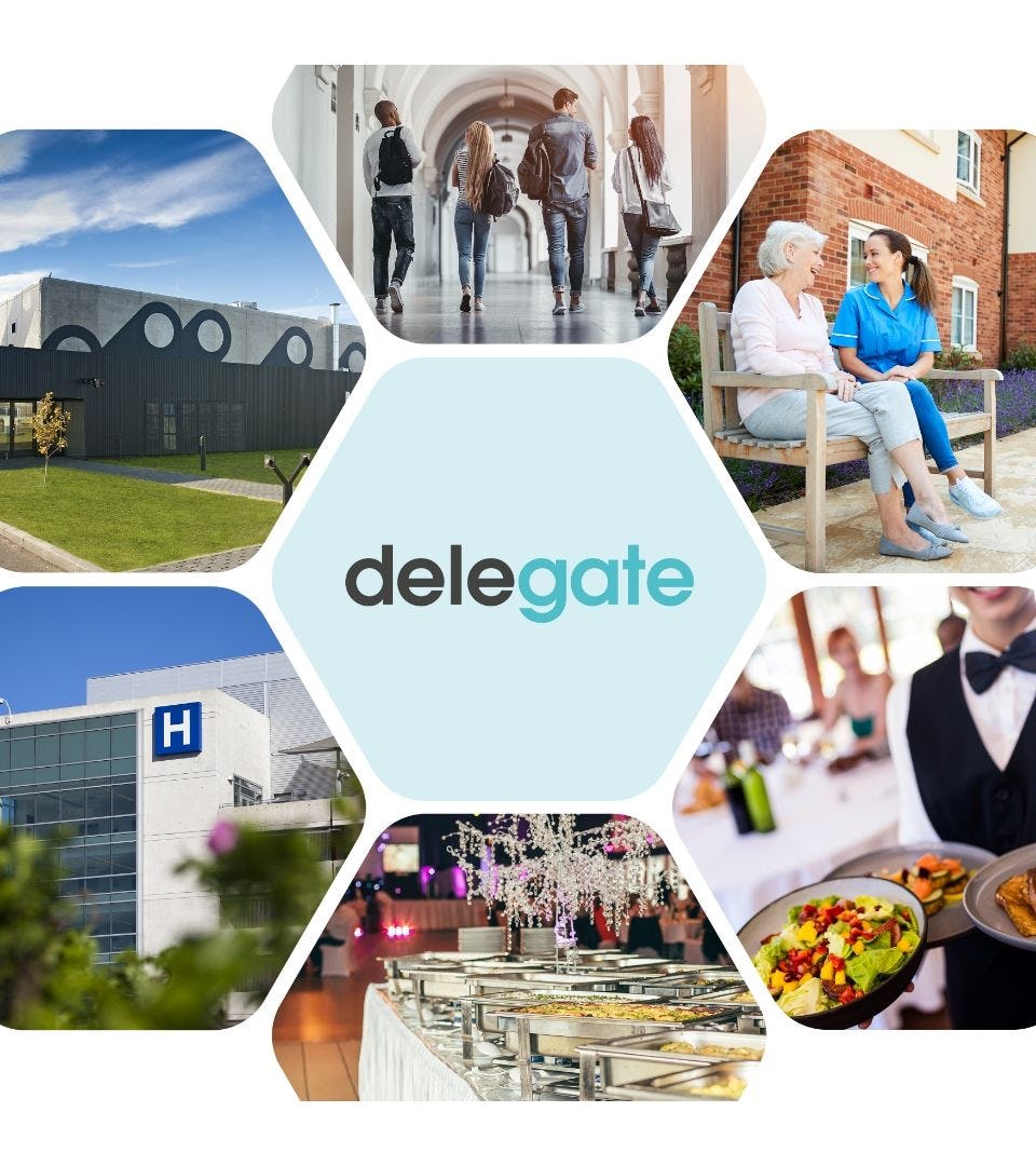 delegate logo in the middle with 6 other pictures showing different scenes all around